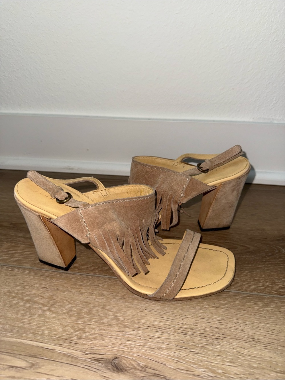 Miu Miu Natural Beige Suede Leather Fringe Heels Sandals size 38 Authentic